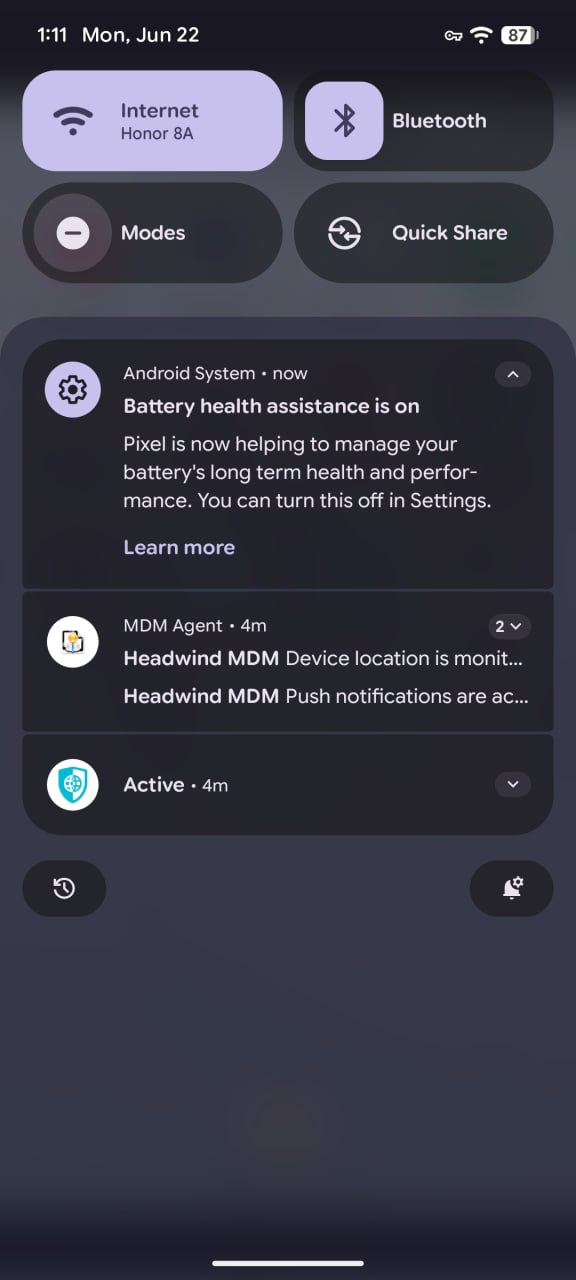 Android quick settings panel reachable from the kiosk status bar