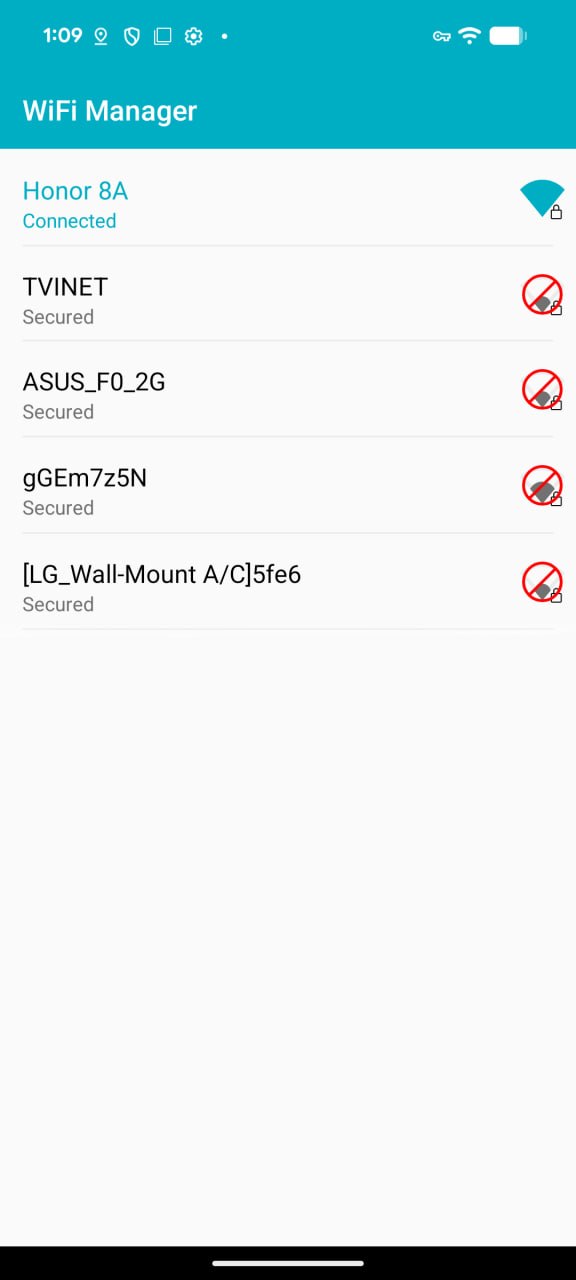 Headwind WiFi Manager app showing allowed and blocked networks