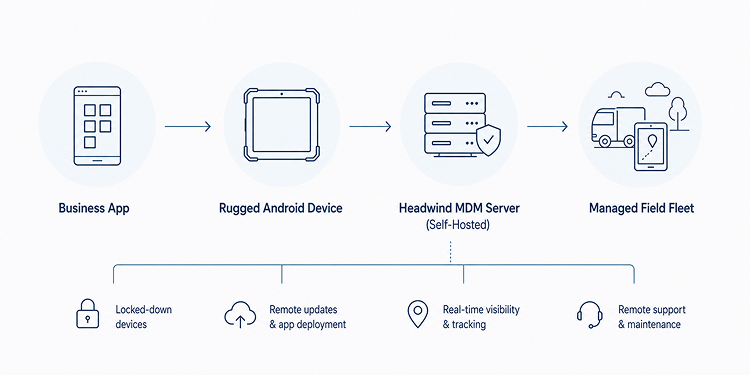 Business App → Rugged Tablet → Headwind MDM Server → Managed Field Fleet